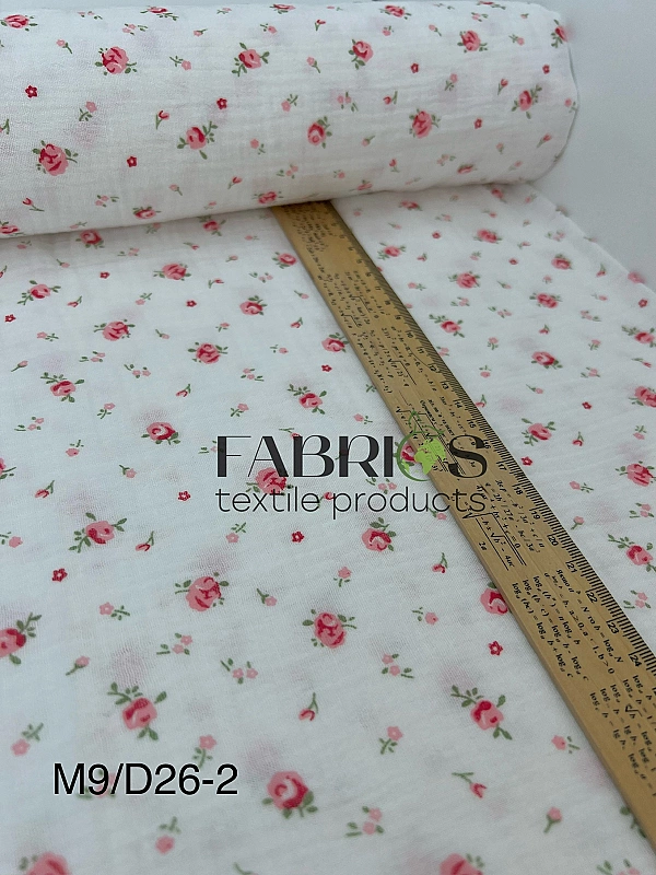 M 5029 C2 Муслін жатка 2-х шаровий принт квіти троянди червоні дрібні на молочному 100% бавовна 135-