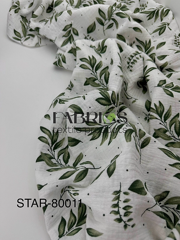 STAR-80011 Муслін жатка 2-х шаровий принт геометричний гілочки зелені довгі на білому 100% бавовна 1