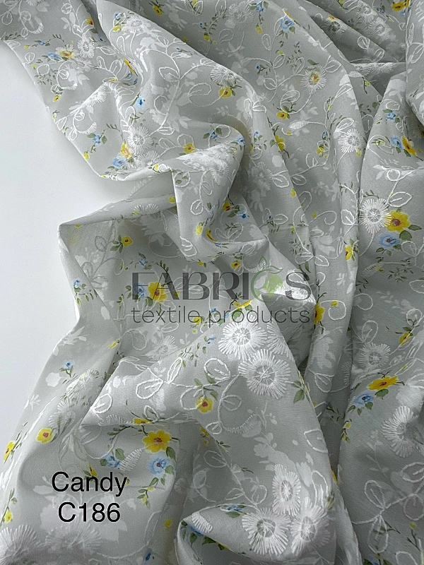CANDY-C186 батист принт квіти Вишивка жовті і блакитні на сірому 100% бавовна 135см 90-100 грам/м.кв