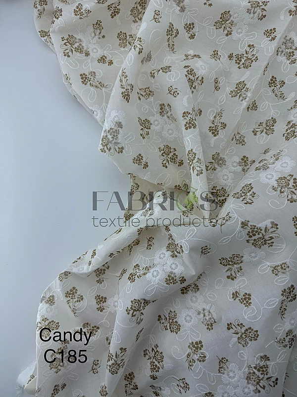 CANDY-C185 батист принт квіти Вишивка бежеві на айворі 100% бавовна 135см 90-100 грам/м.кв.