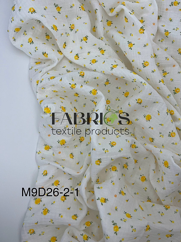 M-9/D-26-2-1 Муслін жатка 2-х шаровий принт квіти троянди жовті дрібні на молочному 100% бавовна 135