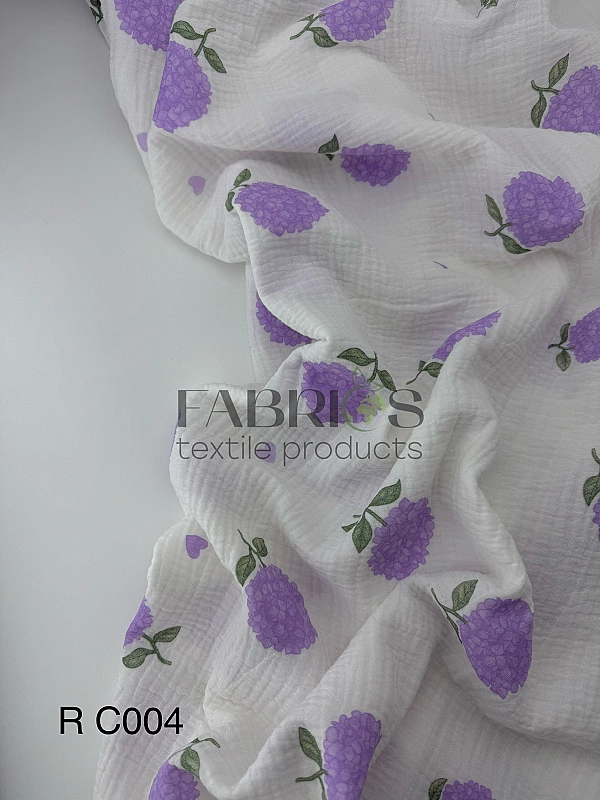 M 004 C02 | RAINBOW-C004 Муслін жатка 2-х шаровий принт квіти фіолетові гортензії з сердечками на мо