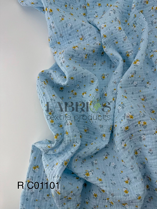 M 01101 C13 | RAINBOW-C01 Муслін жатка 2-х шаровий принт квіти дрібні букети на яскраво-блакитному 1