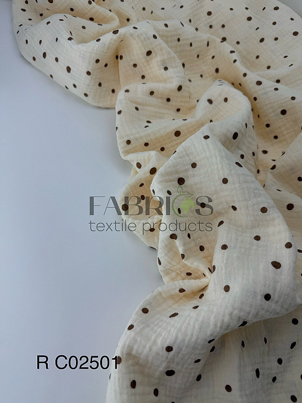 M 02501 C03 | RAINBOW-C02 Муслін жатка 2-х шаровий принт геометричний горошки коричневі на айворі 10