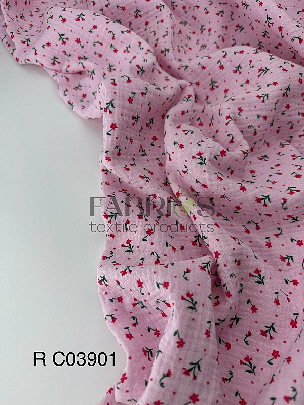 M 03901 C16 | RAINBOW-C03 Муслін жатка 2-х шаровий принт квіти дрібні червоні на світло-рожевому 100