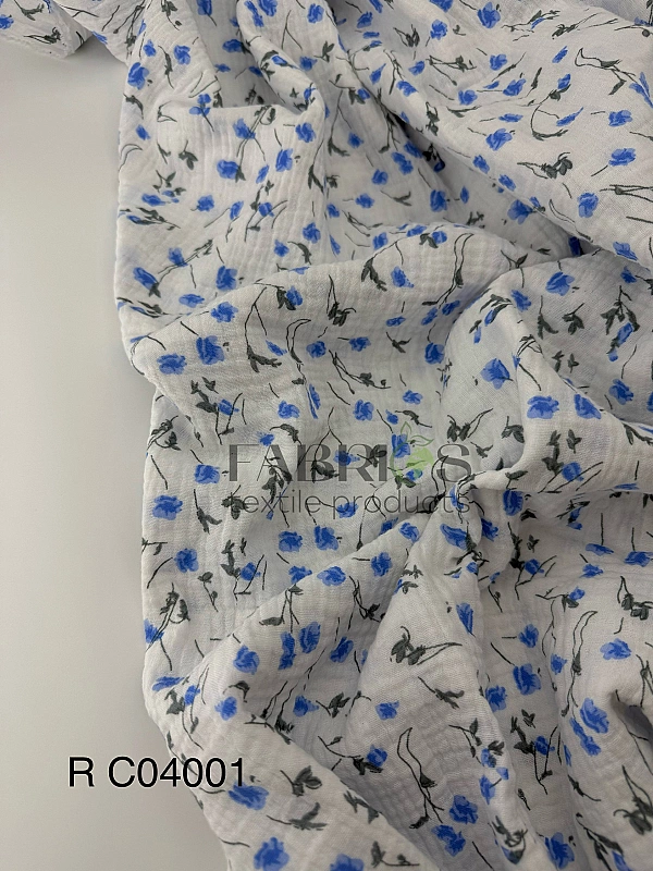 M 04001 C02 | RAINBOW-C04 Муслін жатка 2-х шаровий принт квіти волошки сині на молочному 100% бавовн