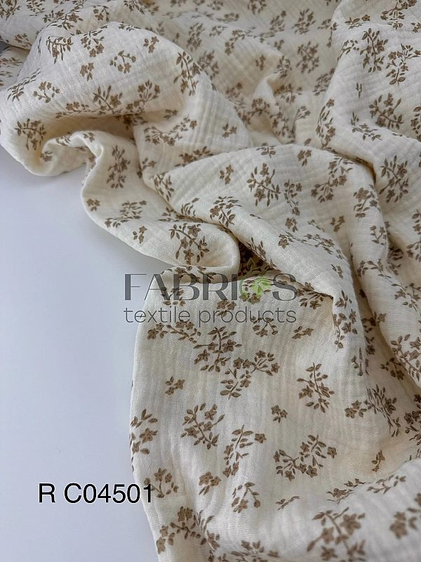 M 04501 C03 | RAINBOW-C04 Муслін жатка 2-х шаровий принт квіти листочки бежеві на айворі 100% бавовн