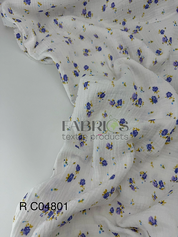 M 04801 C02 | RAINBOW-C04 Муслін жатка 2-х шаровий принт квіти бутони фіолетові на молочному 100% ба