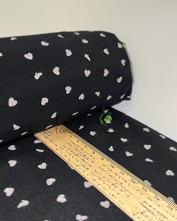 LISA-19 701 Тепла бавовна принт LOVE сердечки з туфелькою дрібні білі на чорному 100% бавовна 150 см