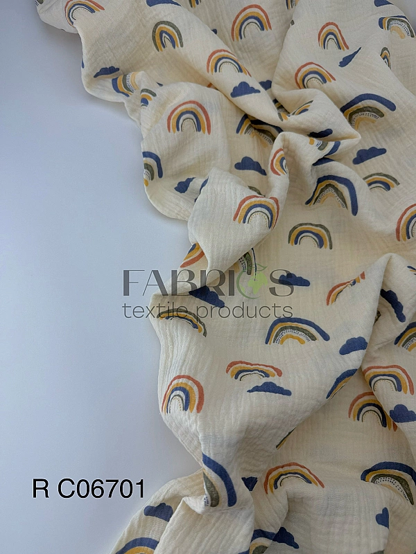 MR C06701 | RAINBOW-C06701 Муслін жатка 2-х шаровий принт дитячий веселки кольорові на айворі 100% б
