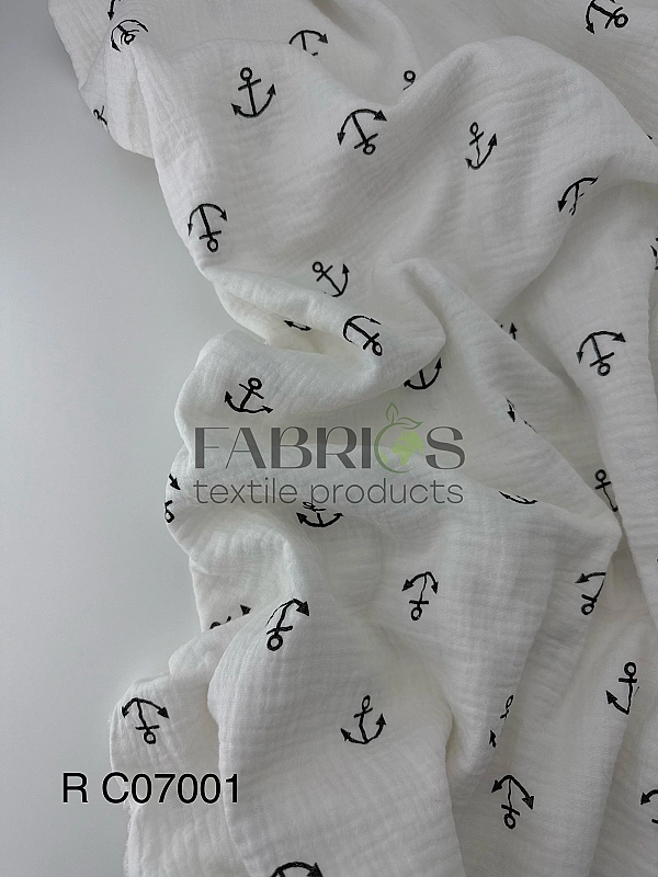 M 07001 C02 | RAINBOW-C07 Муслін жатка 2-х шаровий принт якоря морські на білому 100% бавовна 135-14