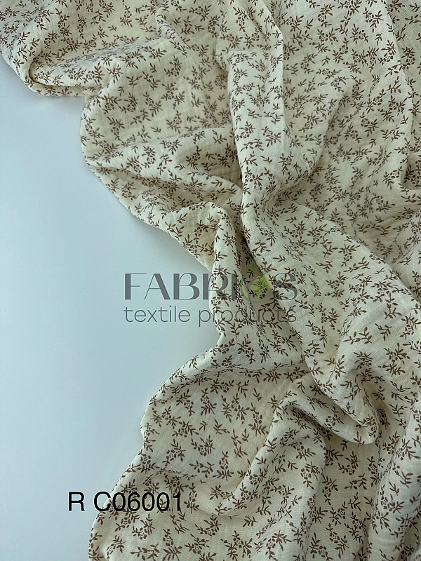 MR C06001 | RAINBOW-C06001 Муслін жатка 2-х шаровий принт квіти коричневі з гілочками на айворі 100%