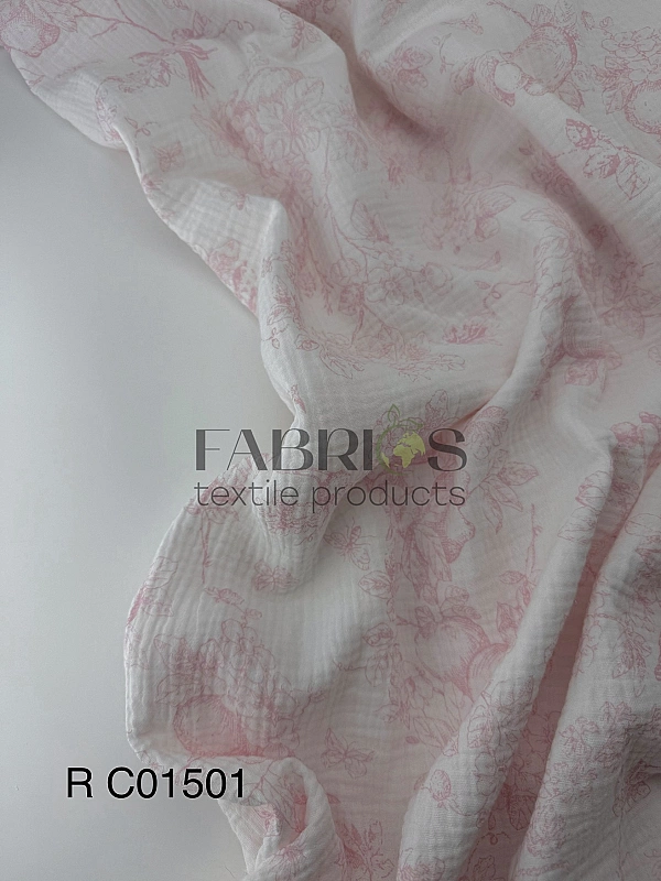 M 102 C2 Муслін жатка 2-х шаровий принт Діор етюди природи рожеві на молочному 100% бавовна 135-140