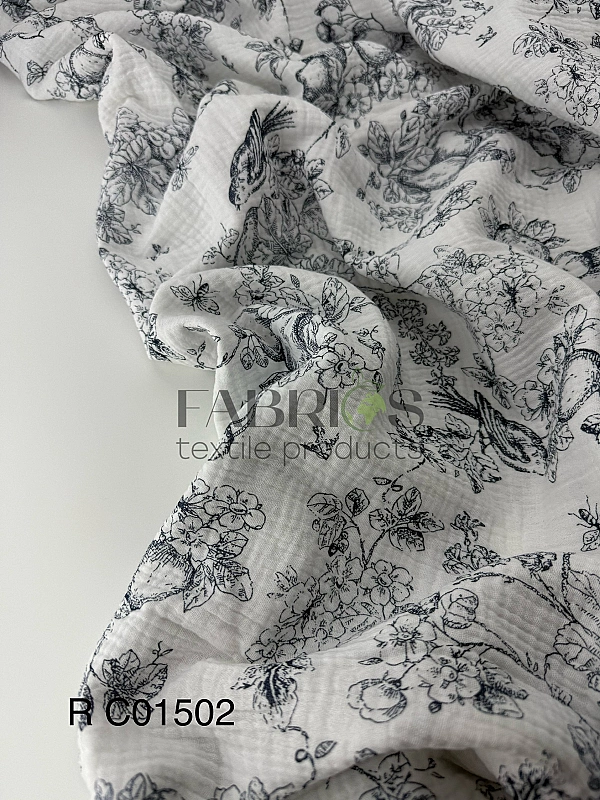 M 103 C2 Муслін жатка 2-х шаровий принт Діор етюди природи сині на молочному 100% бавовна 135-140 см