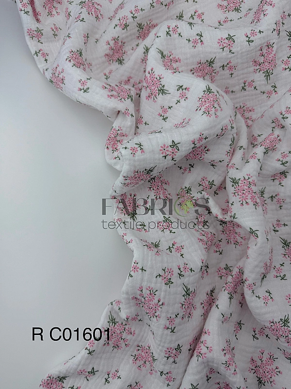 MR C01601 | RAINBOW-C01601 Муслін жатка 2-х шаровий принт квіти ромашки рожеві в букетах на білому 1