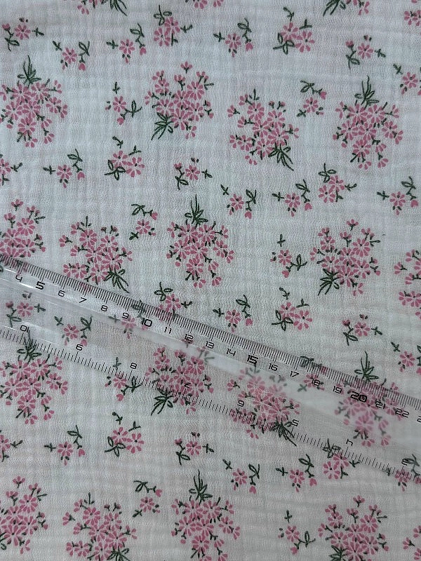 MR C01601 | RAINBOW-C01601 Муслін жатка 2-х шаровий принт квіти ромашки рожеві в букетах на білому 1