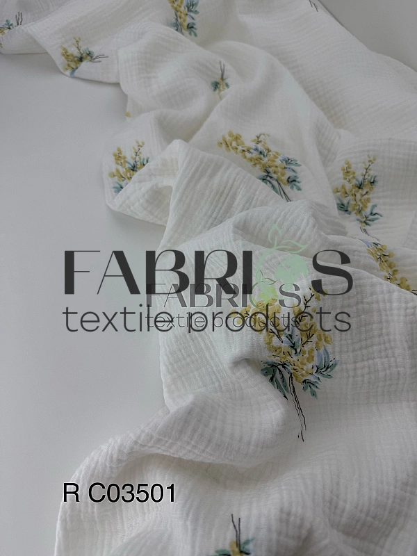 М 5004 С2 Муслін жатка 2-х шаровий принт квіти гілочки мімози на молочному 100% баво