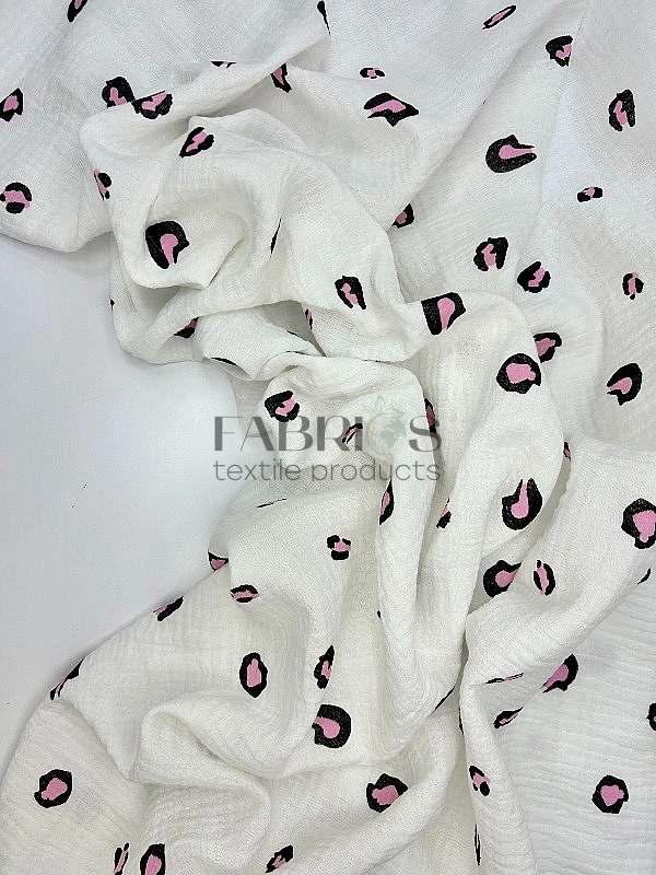 M17C2 | MUSLIN PRINTING-M17C2 Муслін жатка 2-х шаровий принт цятки леопард чорно-рожеві на молочному