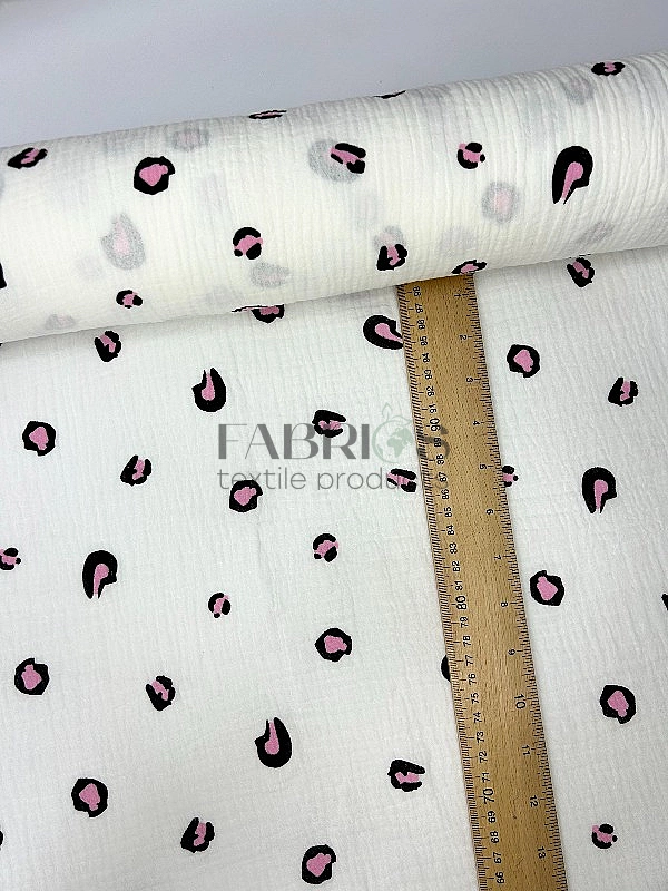 M17C2 | MUSLIN PRINTING-M17C2 Муслін жатка 2-х шаровий принт цятки леопард чорно-рожеві на молочному