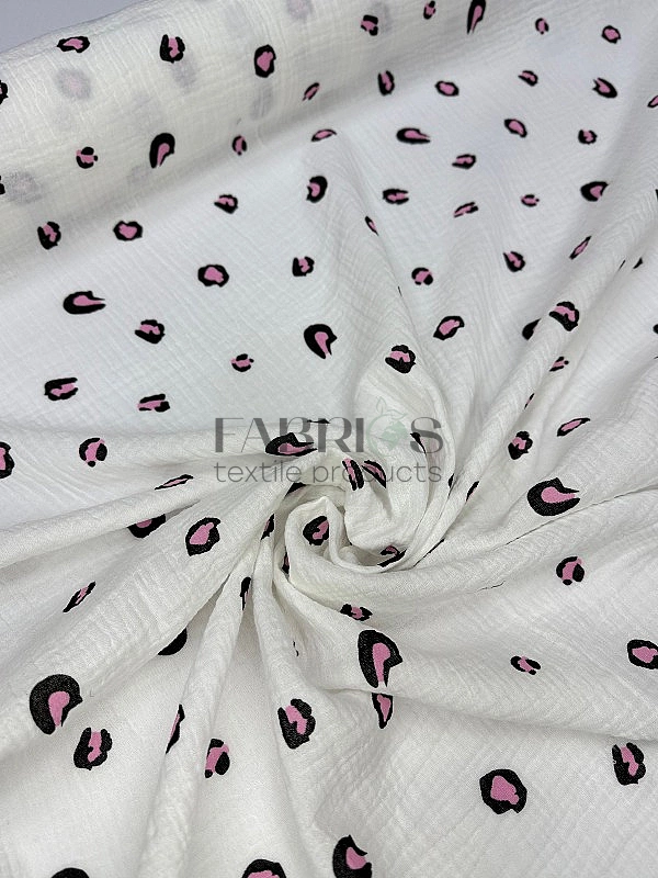 M17C2 | MUSLIN PRINTING-M17C2 Муслін жатка 2-х шаровий принт цятки леопард чорно-рожеві на молочному